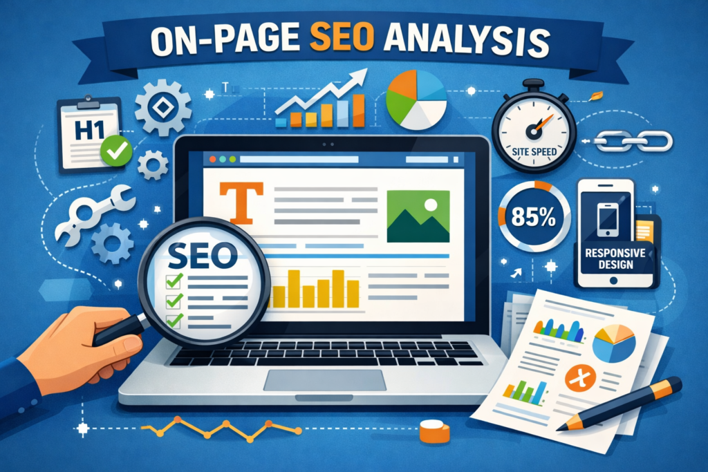 অন-পেজ SEO অ্যানালাইসিস ড্যাশবোর্ড যেখানে সাইট স্পিড, রেসপন্সিভ ডিজাইন এবং SEO অপটিমাইজেশন দেখানো হয়েছে