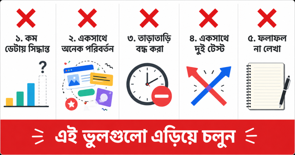 ডিজিটাল মার্কেটিংয়ে A/B testing করার সময় যে ৫টি সাধারণ ভুল এড়িয়ে চলা উচিত তা নিয়ে বাংলা ইনফোগ্রাফিক।