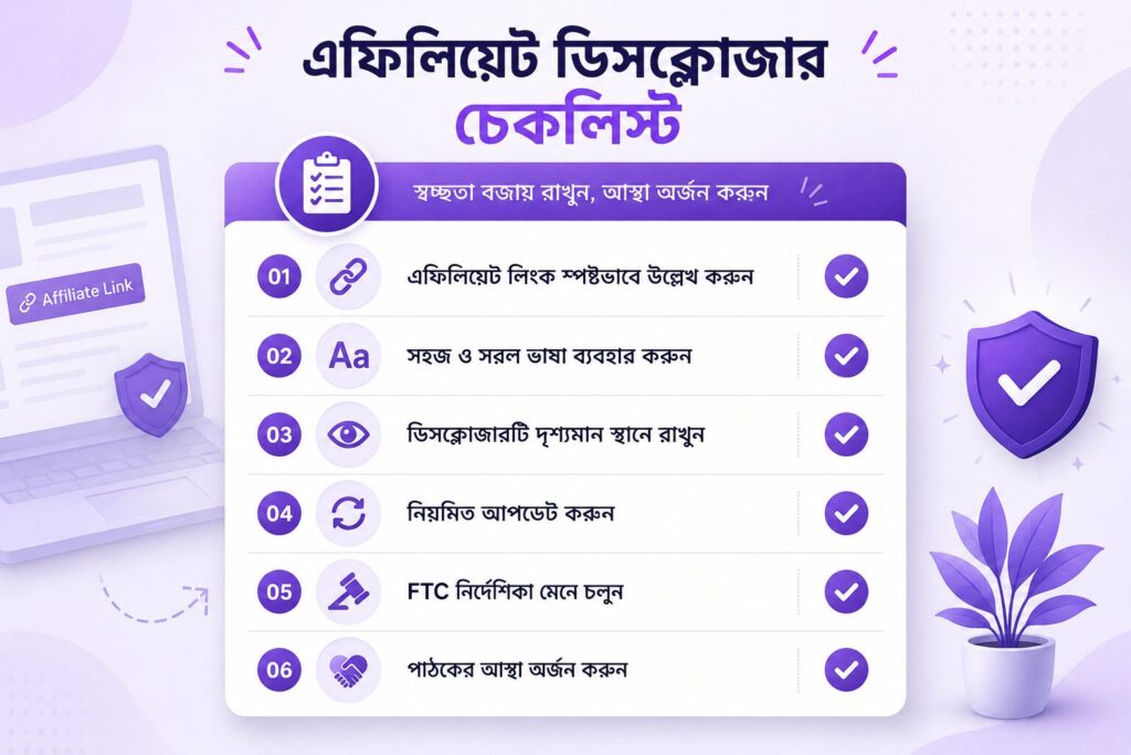 এফিলিয়েট ডিসক্লোজার চেকলিস্ট ইনফোগ্রাফিক যেখানে স্পষ্ট লিঙ্ক উল্লেখ, সহজ ভাষা, FTC গাইডলাইন এবং পাঠকের আস্থা তৈরির টিপস দেখানো হয়েছে