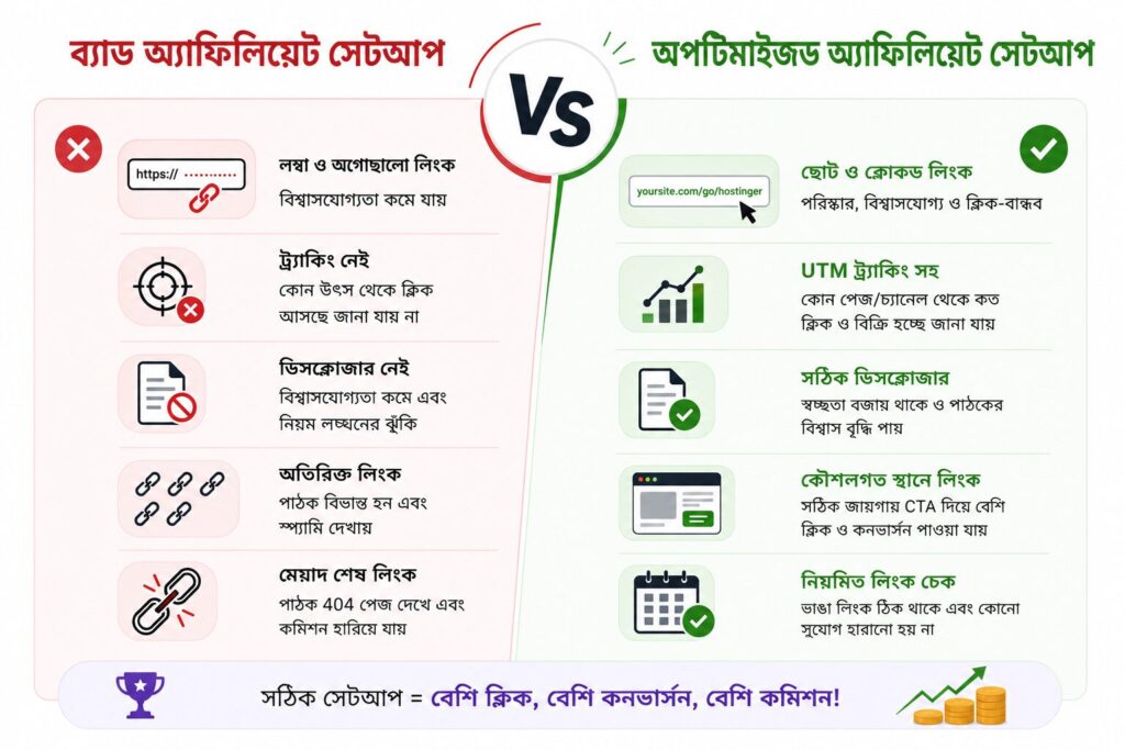 বাংলায় ব্যাড অ্যাফিলিয়েট সেটআপ বনাম অপটিমাইজড অ্যাফিলিয়েট সেটআপ তুলনামূলক ইনফোগ্রাফিক যেখানে ট্র্যাকিং, ডিসক্লোজার, ক্লোকড লিংক এবং CTA অপটিমাইজেশন দেখানো হয়েছে।