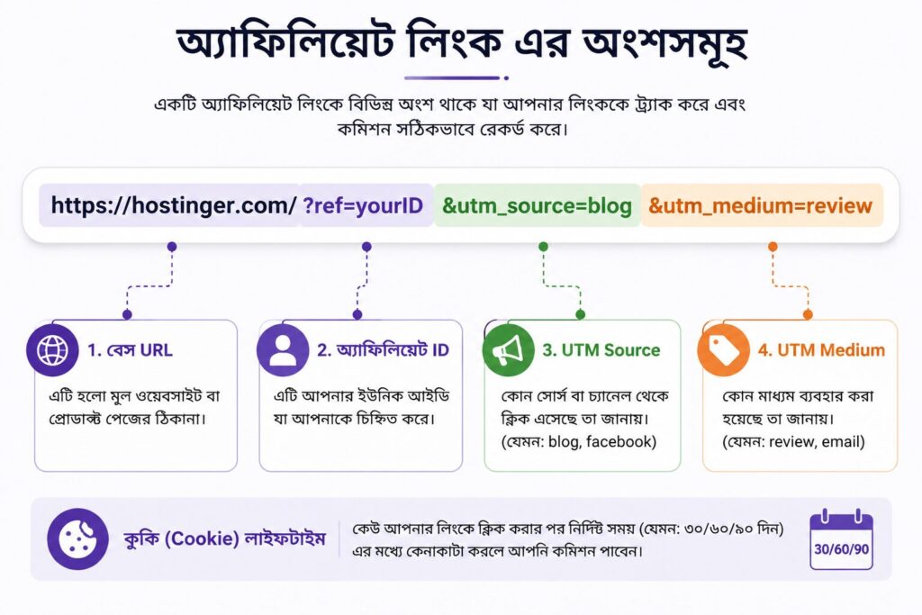 বাংলায় অ্যাফিলিয়েট লিংকের বিভিন্ন অংশের ইনফোগ্রাফিক যেখানে Base URL, Affiliate ID, UTM Source, UTM Medium এবং Cookie Lifetime দেখানো হয়েছে।