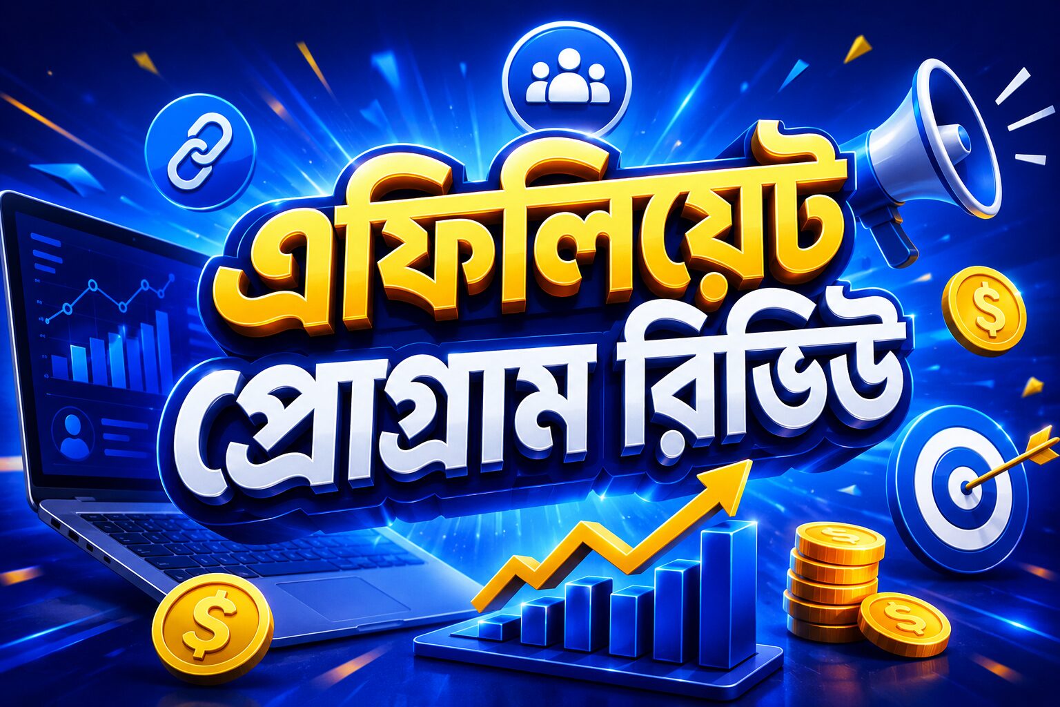 এফিলিয়েট প্রোগ্রাম রিভিউ বিষয়ক আকর্ষণীয় বাংলা ব্লগ হিরো ইমেজ যেখানে অনলাইন ইনকাম, মার্কেটিং গ্রাফ ও ডিজিটাল কমিশন কনসেপ্ট দেখানো হয়েছে।