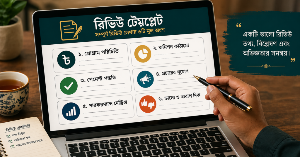 কার্যকর অ্যাফিলিয়েট প্রোগ্রাম রিভিউ টেমপ্লেট – প্রোগ্রাম পরিচিতি, কমিশন কাঠামো, পেমেন্ট পদ্ধতি, প্রচারের সুযোগ ও পারফরম্যান্স মেট্রিক্সসহ বাংলা গাইড