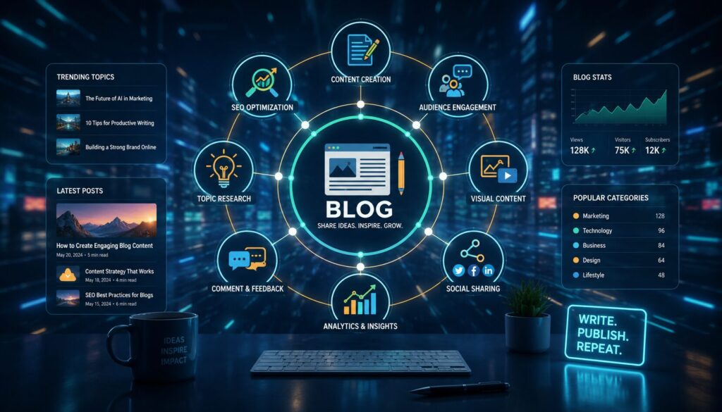 Futuristic blog SEO content marketing dashboard illustration featuring content creation, audience engagement, analytics, social sharing, SEO optimization, and digital blogging strategy in a neon tech-themed workspace.