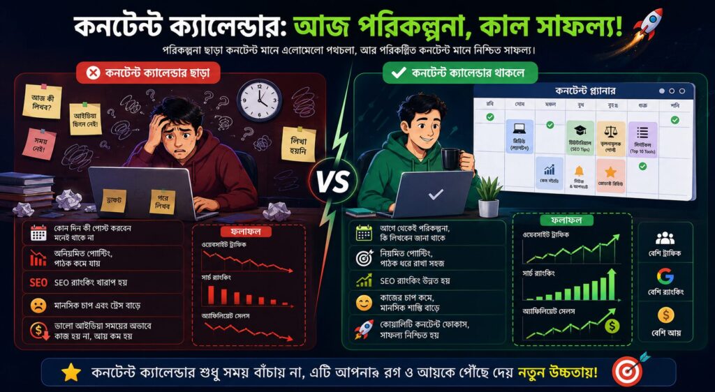 বাংলা ইনফোগ্রাফিক যেখানে কনটেন্ট ক্যালেন্ডার ছাড়া বিশৃঙ্খল ব্লগিং এবং কনটেন্ট ক্যালেন্ডার ব্যবহার করে সফল SEO ও ট্রাফিক বৃদ্ধির তুলনা দেখানো হয়েছে।