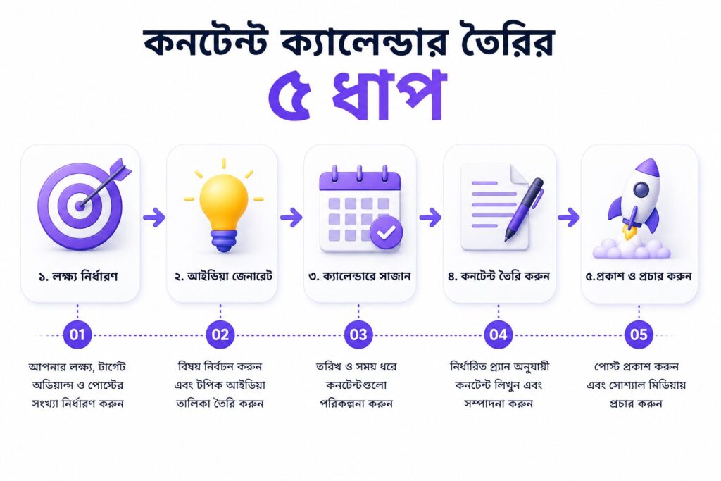 কনটেন্ট ক্যালেন্ডার তৈরির ৫ ধাপ দেখানো ইনফোগ্রাফিক যেখানে লক্ষ্য নির্ধারণ, আইডিয়া তৈরি, ক্যালেন্ডার সাজানো, কনটেন্ট তৈরি এবং প্রকাশের ধাপ দেখানো হয়েছে।