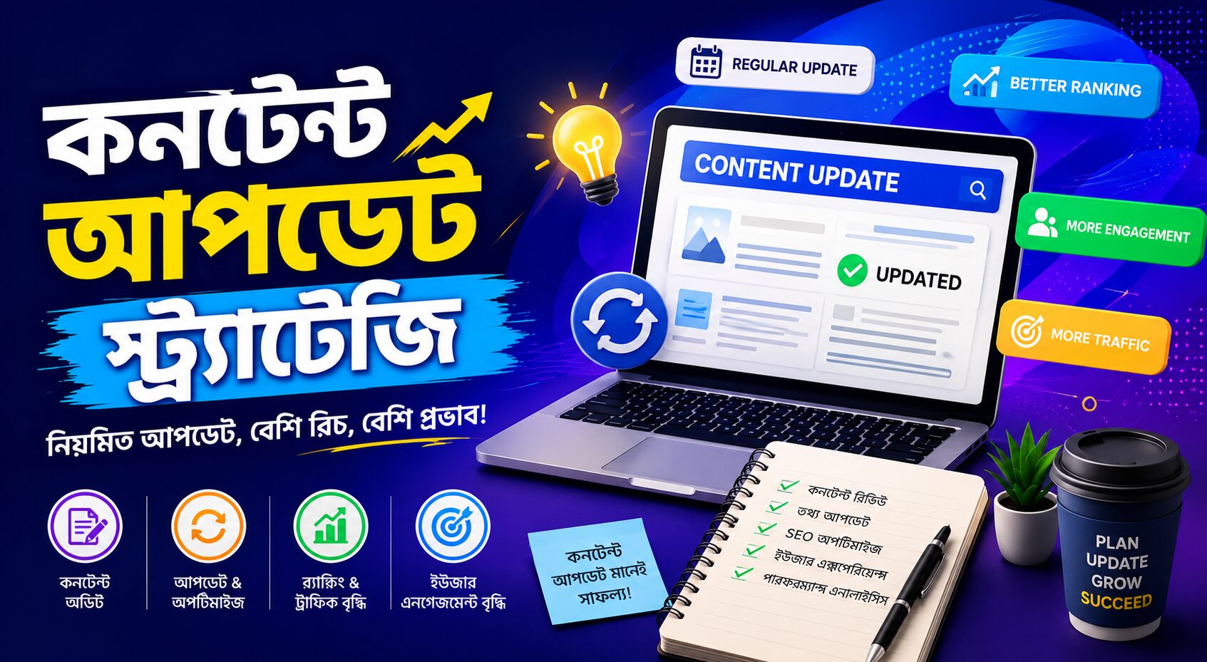কনটেন্ট আপডেট স্ট্র্যাটেজি বাংলা — SEO র‍্যাঙ্কিং, ট্রাফিক ও এনগেজমেন্ট বৃদ্ধির আধুনিক হিরো ব্যানার