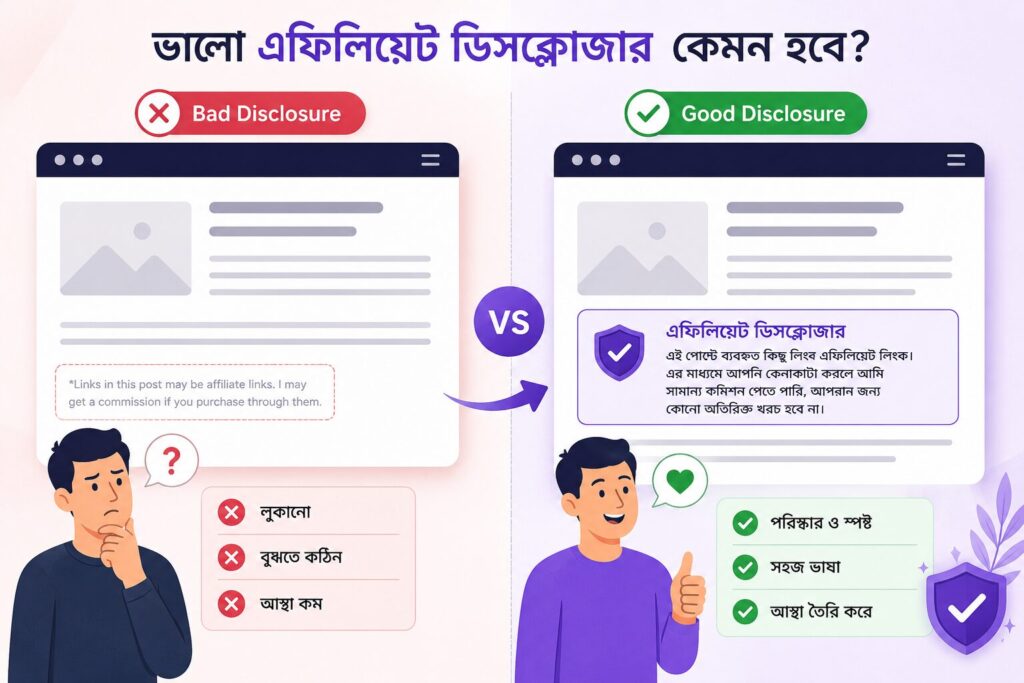ভালো ও খারাপ এফিলিয়েট ডিসক্লোজারের তুলনামূলক ইনফোগ্রাফিক যেখানে স্বচ্ছতা, সহজ ভাষা এবং পাঠকের আস্থা দেখানো হয়েছে