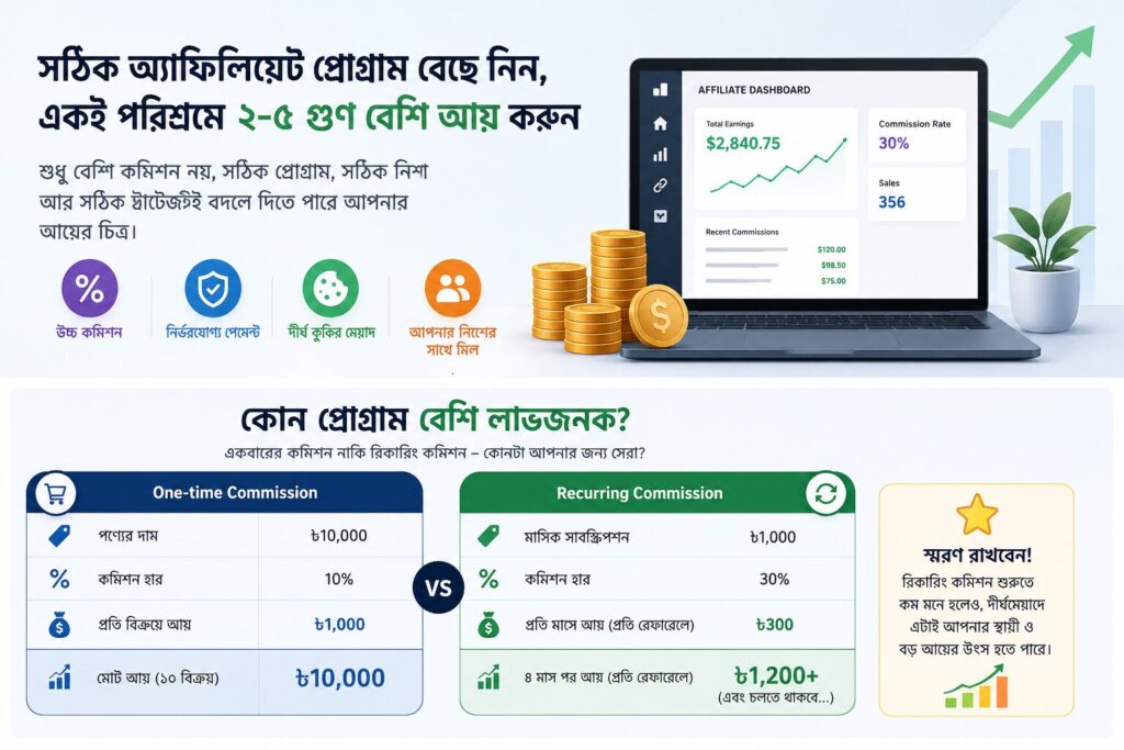 One-time এবং recurring affiliate commission এর পার্থক্য ও আয়ের তুলনা নিয়ে বাংলা ইনফোগ্রাফিক