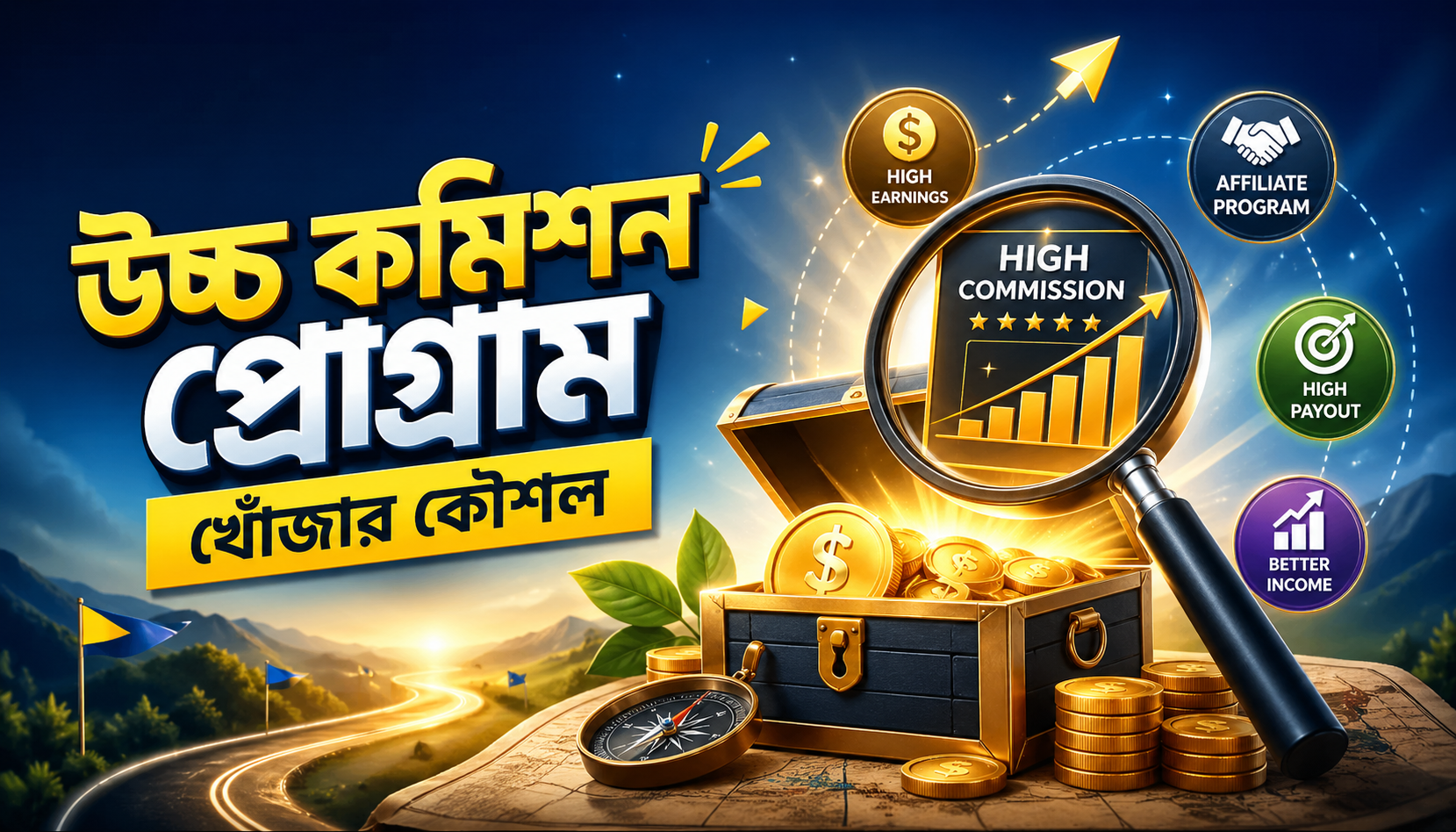 উচ্চ কমিশন প্রোগ্রাম খোঁজার কৌশল সম্পর্কিত ইলাস্ট্রেশন যেখানে হাই কমিশন, অ্যাফিলিয়েট প্রোগ্রাম এবং আয়ের বৃদ্ধি দেখানো হয়েছে