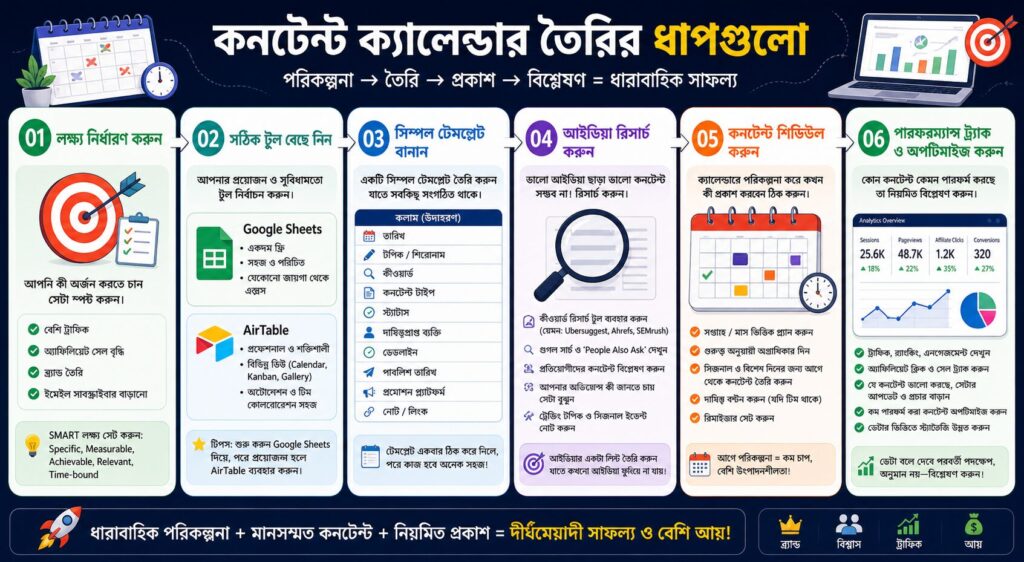 বাংলা স্টেপ-বাই-স্টেপ ইনফোগ্রাফিক যেখানে কনটেন্ট ক্যালেন্ডার তৈরির ধাপ, Google Sheets, Airtable, SEO পরিকল্পনা এবং কনটেন্ট শিডিউলিং দেখানো হয়ে