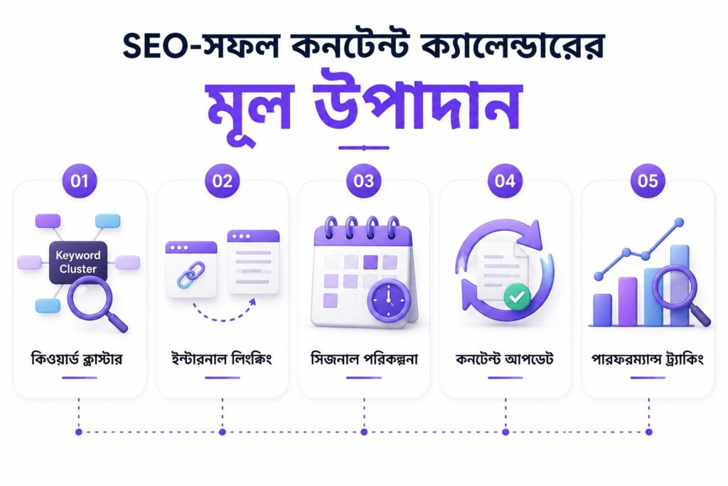 SEO-সফল কনটেন্ট ক্যালেন্ডারের মূল উপাদান যেমন Keyword Cluster, Internal Linking, Seasonal Planning, Content Update এবং Performance Tracking প্রদর্শনকারী ইনফোগ্রাফিক।