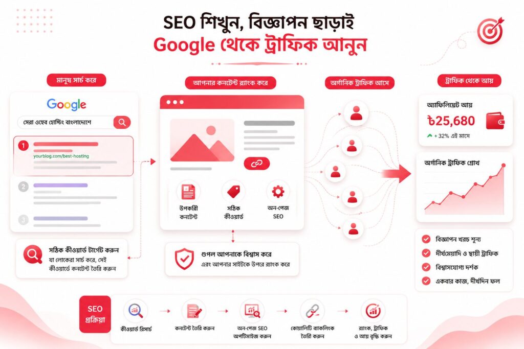 SEO ইনফোগ্রাফিক যেখানে দেখানো হয়েছে কীভাবে বাংলাদেশি অ্যাফিলিয়েট মার্কেটাররা কীওয়ার্ড রিসার্চ, কনটেন্ট অপটিমাইজেশন এবং Google র‍্যাংকিংয়ের মাধ্যমে অর্গানিক ট্রাফিক পেতে পারে।