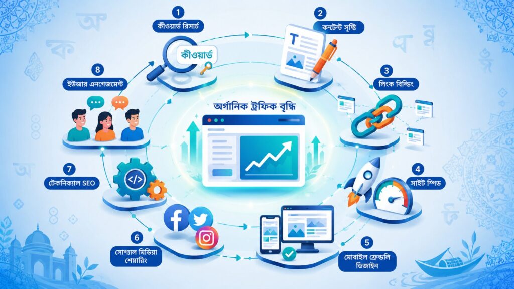 অর্গানিক ট্রাফিক বাড়ানোর SEO কৌশল - কীওয়ার্ড রিসার্চ, কনটেন্ট অপটিমাইজেশন, লিংক বিল্ডিং এবং টেকনিক্যাল SEO এর সম্পূর্ণ ইকোসিস্টেম চিত্র
