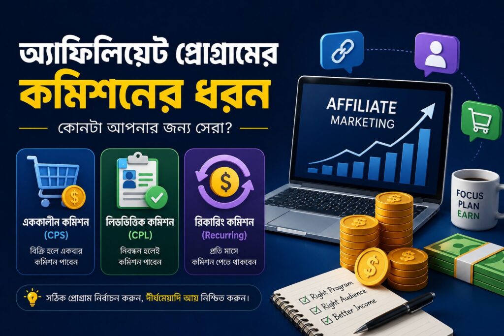 অ্যাফিলিয়েট কমিশনের ধরন CPS, CPL ও রিকারিং কমিশনের বাংলা ভিজ্যুয়াল তুলনা।