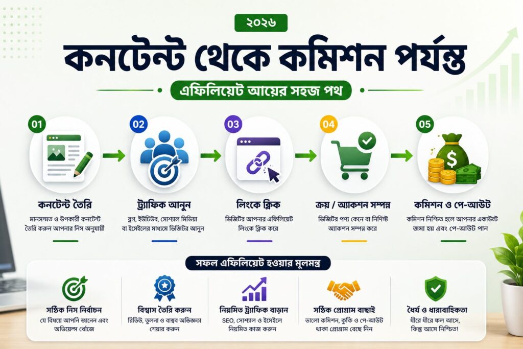 সেরা এফিলিয়েট প্রোগ্রামে কনটেন্ট থেকে কমিশন ও পে-আউট পর্যন্ত সম্পূর্ণ আয় প্রক্রিয়ার ভিজ্যুয়াল গাইড