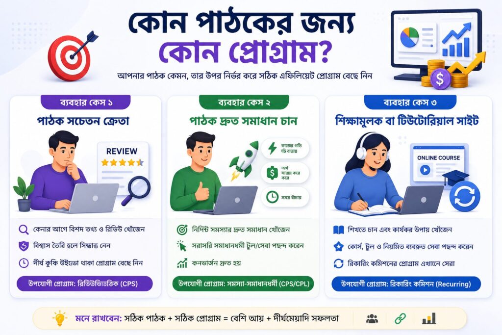 কোন পাঠকের জন্য কোন এফিলিয়েট প্রোগ্রাম ভালো — সচেতন ক্রেতা, দ্রুত সমাধান খোঁজা ব্যবহারকারী এবং শিক্ষামূলক সাইটের জন্য অ্যাফিলিয়েট ব্যবহার কেস ভিজ্যুয়াল।