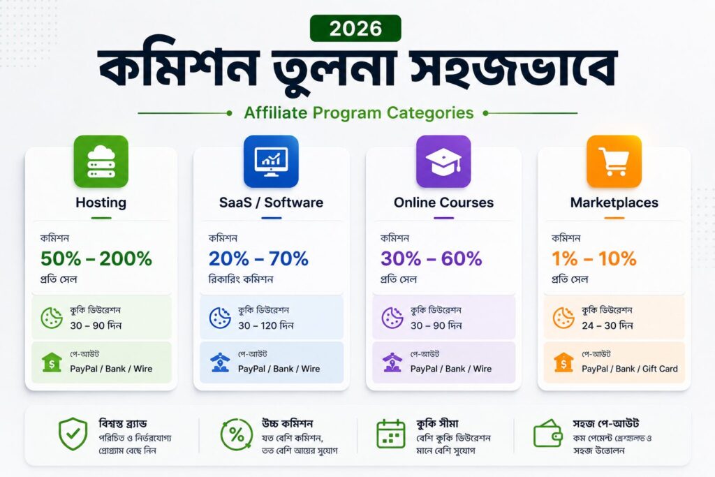 সেরা এফিলিয়েট প্রোগ্রামগুলোর কমিশন, কুকি ডিউরেশন ও পে-আউট তুলনামূলক ইনফোগ্রাফিক