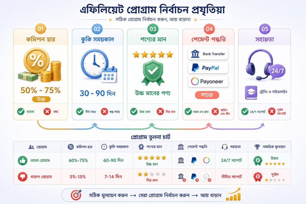 সেরা এফিলিয়েট প্রোগ্রাম বাছাইয়ের মানদণ্ড - তুলনামূলক ইনফোগ্রাফিক ও মূল্যায়ন চার্ট