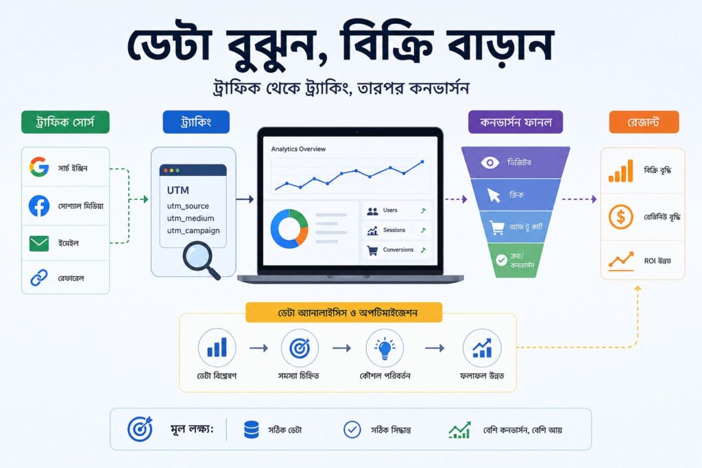 এফিলিয়েট ট্র্যাকিং, কনভার্সন ফানেল ও ডেটা অ্যানালিটিক্স দেখানো প্রফেশনাল মার্কেটিং ইনফোগ্রাফিক ইমেজ