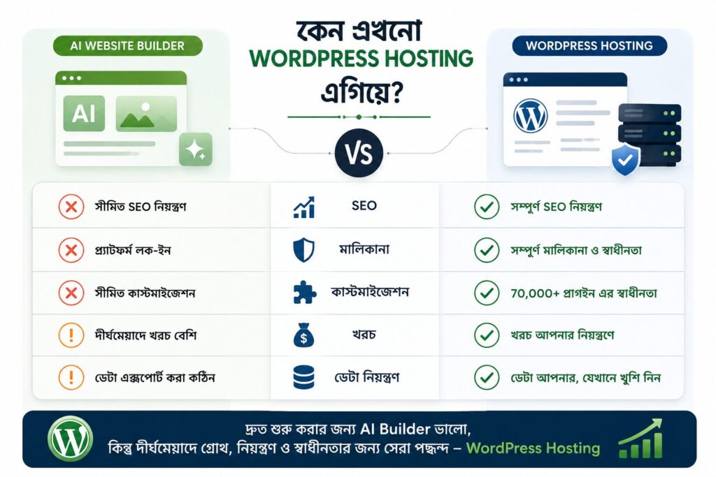 AI Builder-এর সীমাবদ্ধতা এবং WordPress Hosting-এর SEO, customization ও data control সুবিধার বাংলা তুলনামূলক ইনফোগ্রাফিক।