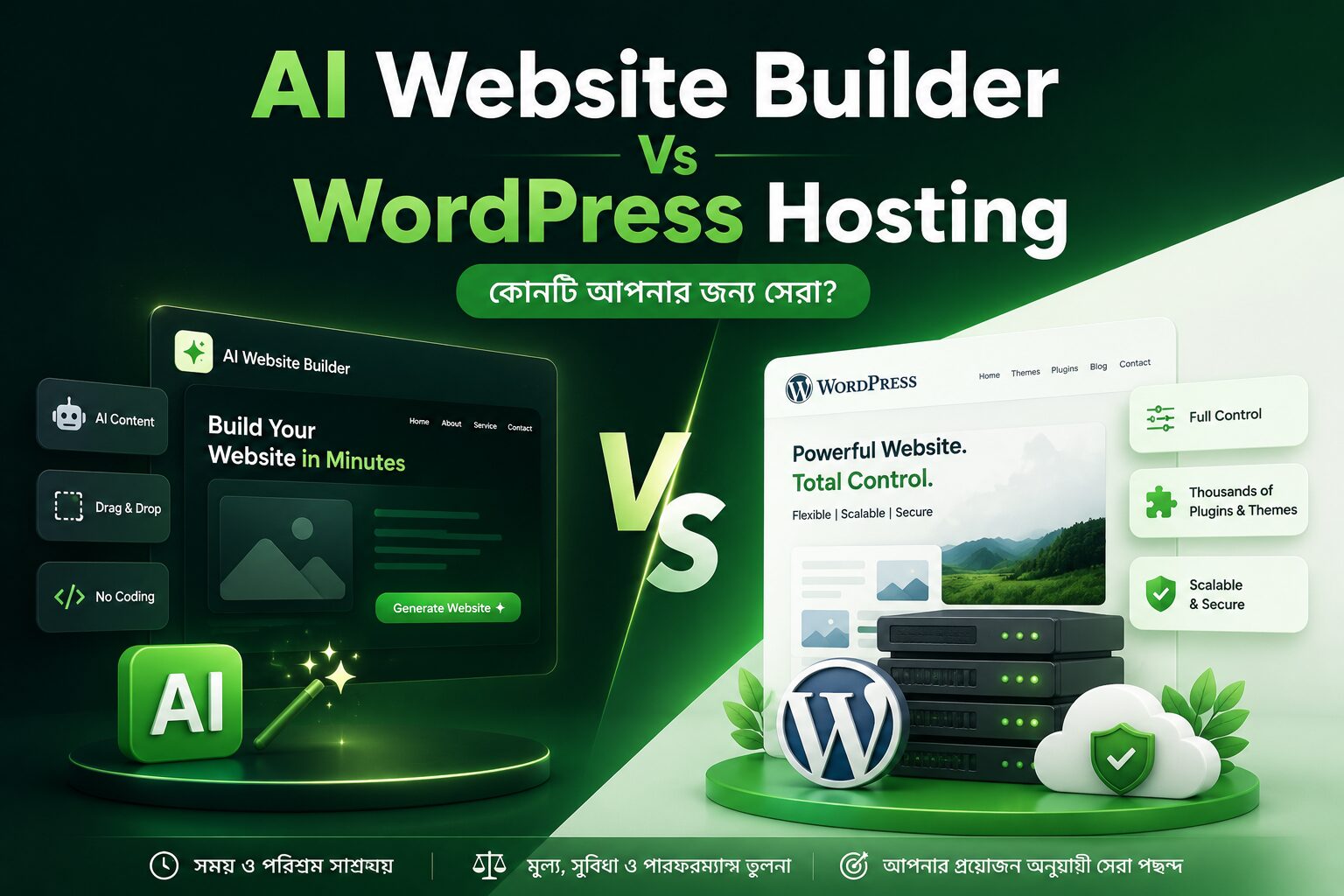 AI Website Builder Vs WordPress Hosting তুলনামূলক ফিচার্ড ইমেজ যেখানে AI ওয়েবসাইট বিল্ডার এবং WordPress হোস্টিংয়ের সুবিধা, নিয়ন্ত্রণ ও ব্যবহার পার্থক্য দেখানো হয়েছে।