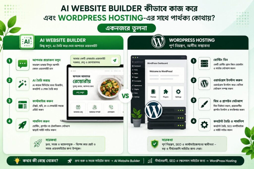 বাংলা ইনফোগ্রাফিক যেখানে AI Website Builder এবং WordPress Hosting-এর মধ্যে setup process, customization, SEO control এবং website management-এর পার্থক্য ভিজ্যুয়ালি দেখানো হয়েছে।