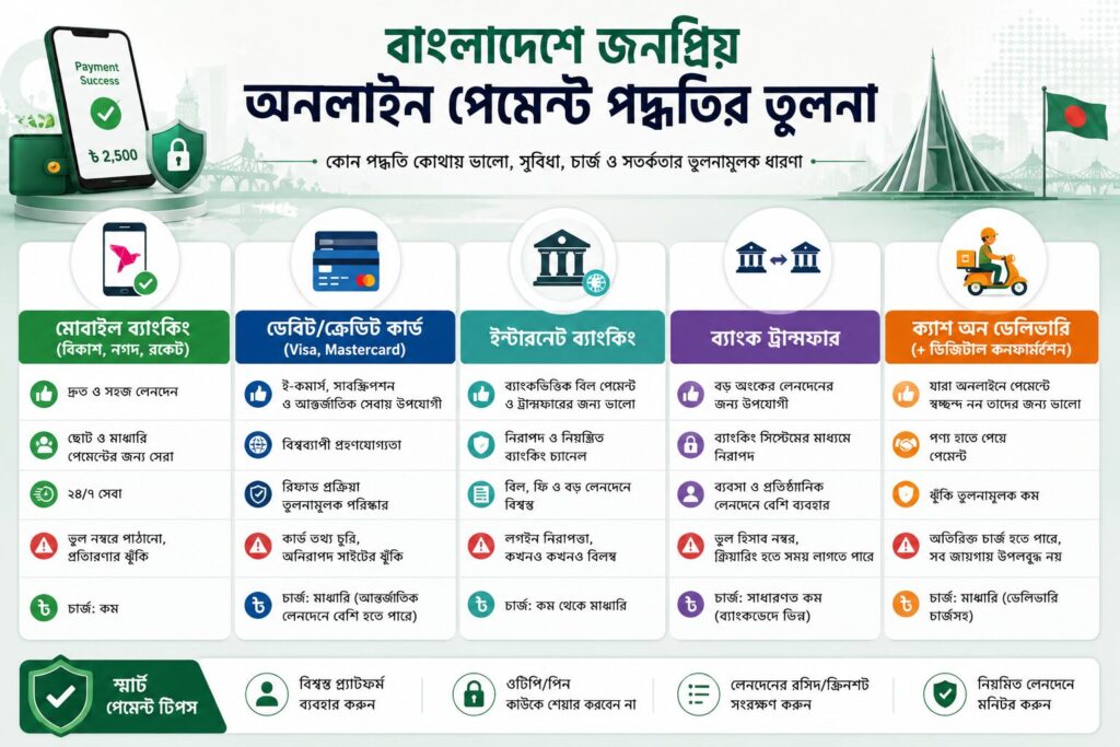 বাংলাদেশি পেমেন্ট গাইড অনুযায়ী মোবাইল ব্যাংকিং, কার্ড ও ব্যাংক ট্রান্সফারের তুলনামূলক ইনফোগ্রাফিক