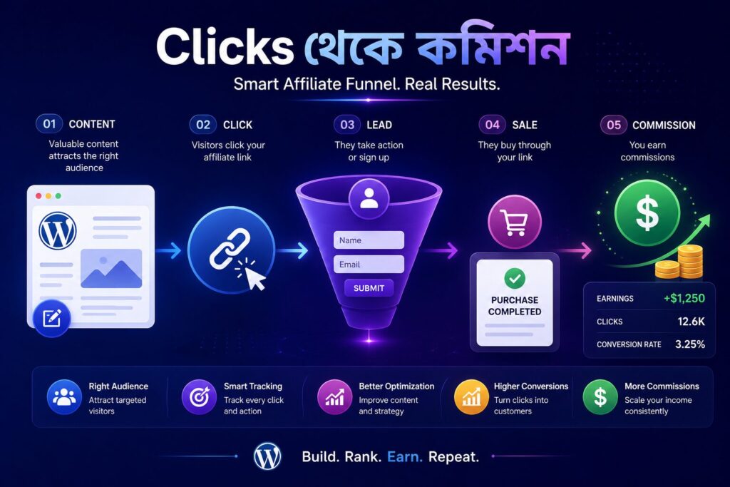 Clicks থেকে commission পর্যন্ত WordPress affiliate marketing funnel দেখানো modern infographic যেখানে content, affiliate click, lead generation ও sales process visualization রয়েছে