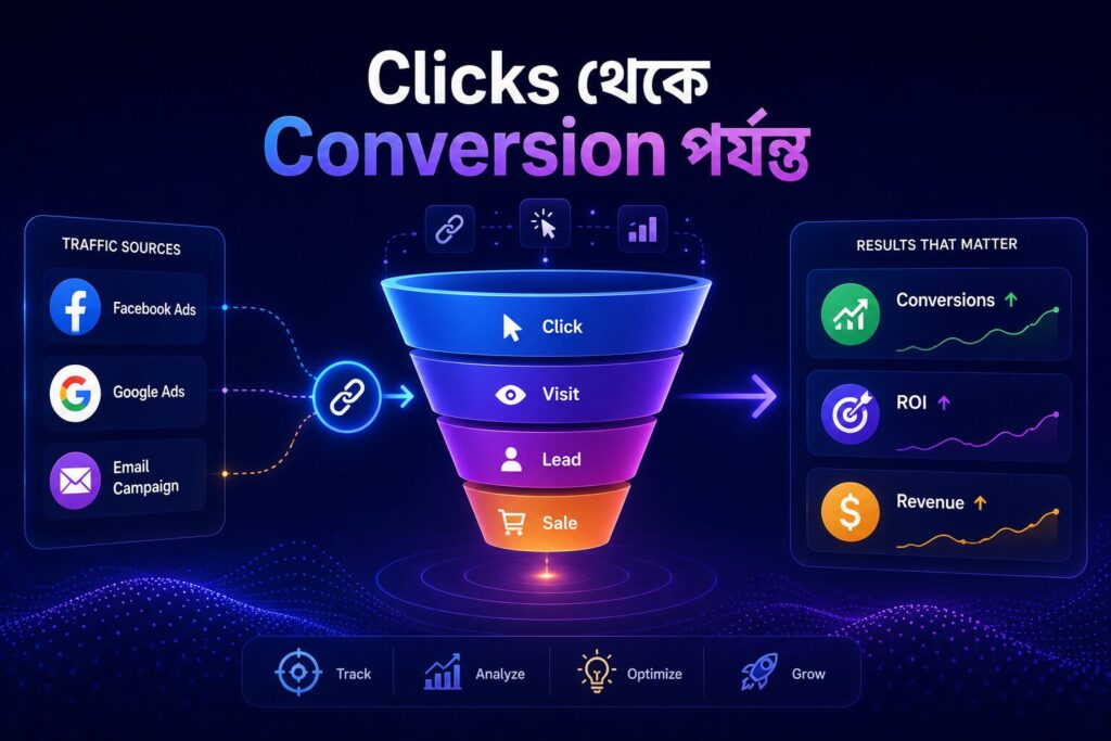 Clicks থেকে conversion পর্যন্ত link tracking funnel দেখানো modern analytics infographic যেখানে traffic source, lead tracking এবং conversion optimization visualization রয়েছে