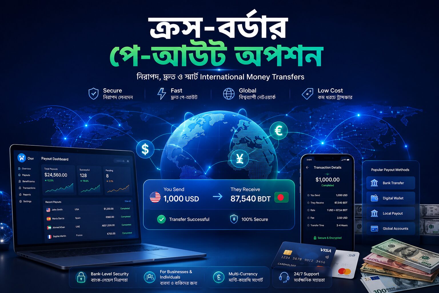 ক্রস-বর্ডার পে-আউট অপশন নিয়ে তৈরি fintech-style hero image যেখানে secure international money transfer, global payout network এবং multi-currency payment system দেখানো হয়েছে