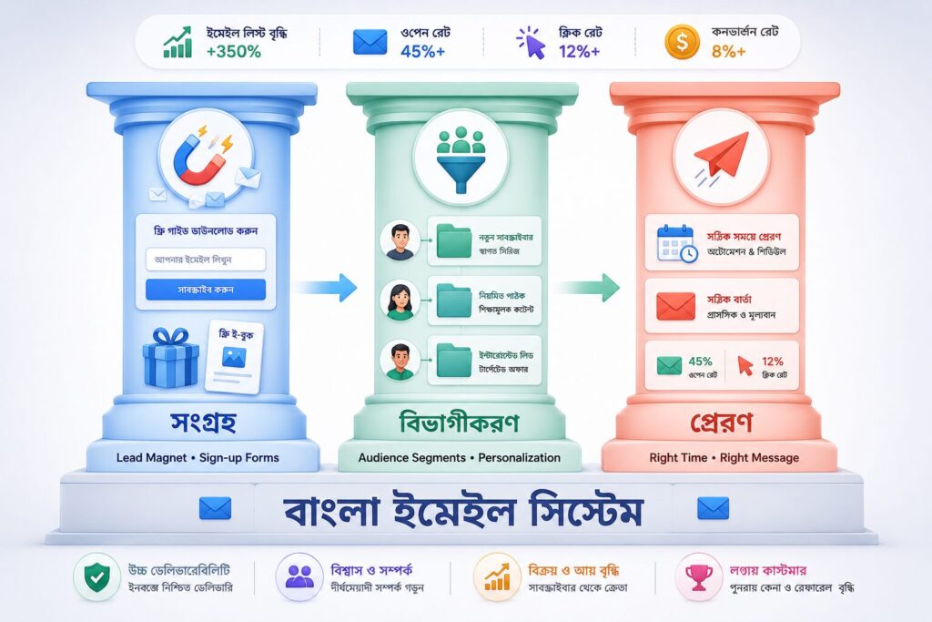 বাংলা ইমেইল মার্কেটিং ও ইমেইল লিস্ট বিল্ডিং প্রক্রিয়া যেখানে লিড সংগ্রহ, অডিয়েন্স সেগমেন্টেশন এবং সঠিক সময়ে ইমেইল পাঠানোর ধাপ ইনফোগ্রাফিক আকারে দেখানো হয়েছে।