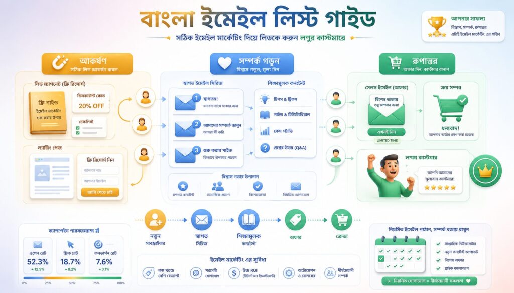বাংলা ইমেইল লিস্ট গাইড ২০২৬ ইনফোগ্রাফিক যেখানে লিড ম্যাগনেট, সম্পর্ক তৈরি, ইমেইল সিরিজ, কনভার্সন ফানেল এবং ইমেইল মার্কেটিং কৌশল ধাপে ধাপে উপস্থাপন করা হয়েছে।