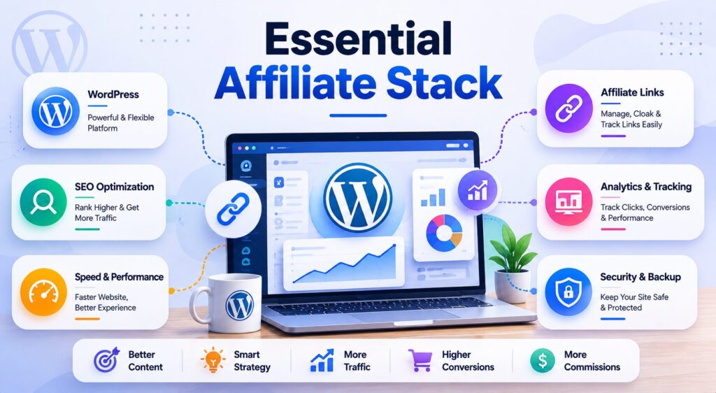 WordPress affiliate marketing-এর জন্য গুরুত্বপূর্ণ tools এবং plugin stack দেখানো clean infographic যেখানে SEO, affiliate link management, analytics ও security tools রয়েছে
