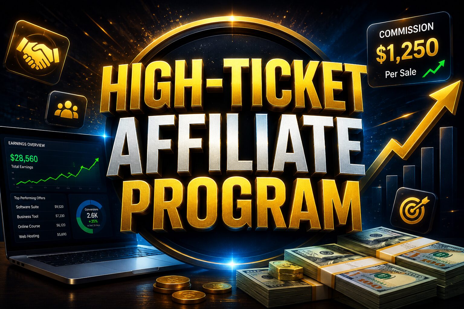 High-ticket affiliate program নিয়ে তৈরি cinematic digital marketing hero image যেখানে affiliate commission, income growth, business dashboard এবং high-value affiliate marketing concept দেখানো হয়েছে