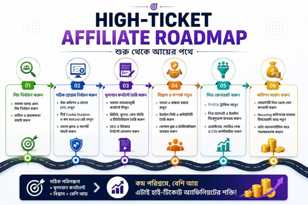 High-ticket affiliate marketing শুরু করার ধাপগুলো নিয়ে তৈরি বাংলা roadmap infographic যেখানে niche selection থেকে commission earning পর্যন্ত process দেখানো হয়েছে