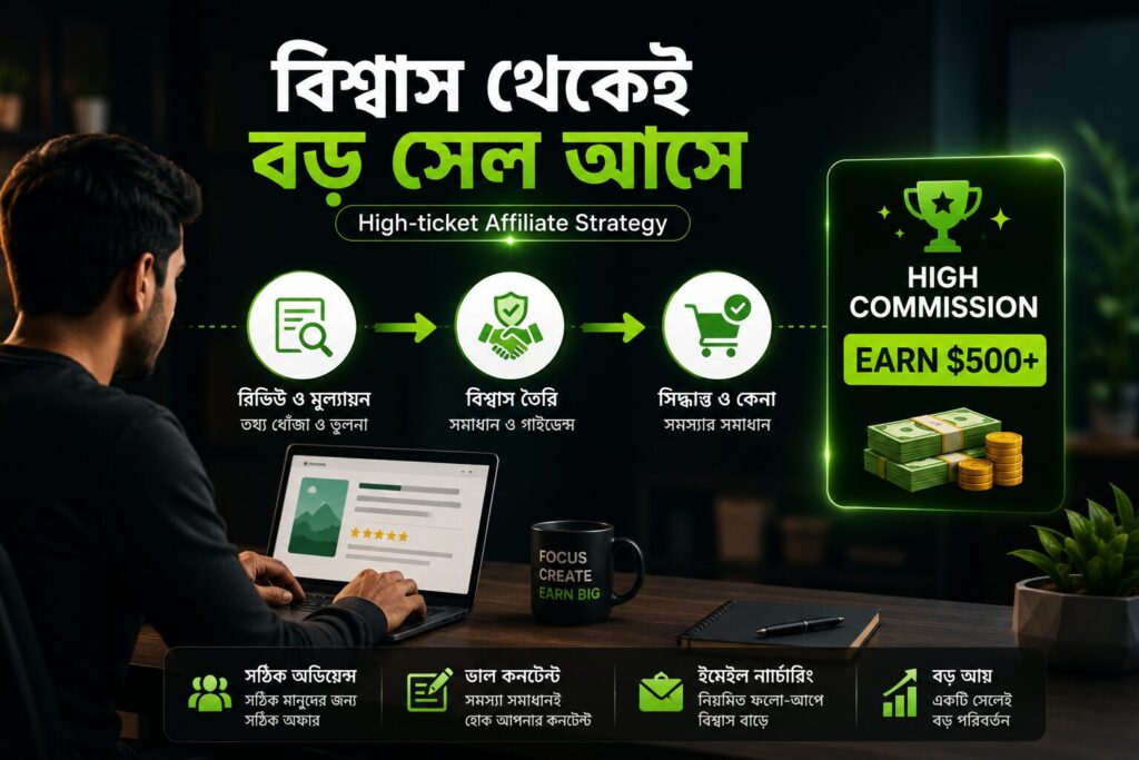 High-ticket এফিলিয়েট মার্কেটিংয়ে বিশ্বাস তৈরি ও বড় কমিশন অর্জনের কৌশল দেখানো হয়েছে