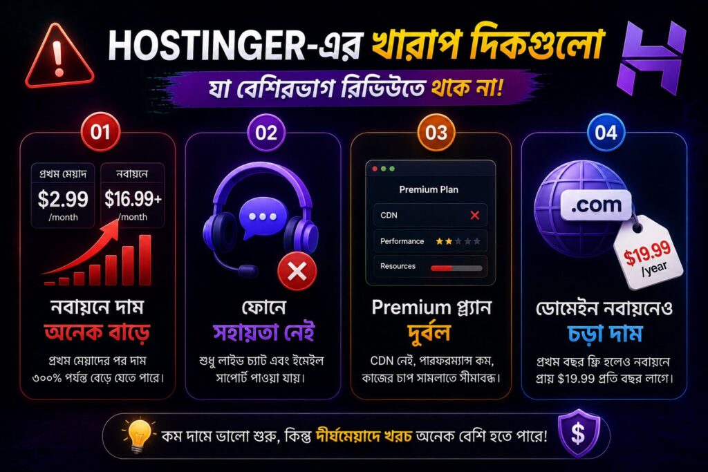 Hostinger renewal pricing, hidden hosting cost এবং premium plan limitation infographic