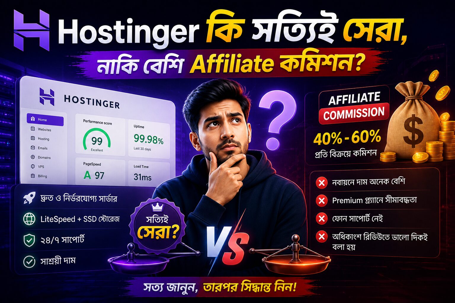 Hostinger Review 2026 বিষয়ের উপর তৈরি modern hosting review hero image যেখানে affiliate commission, pricing concern এবং hosting analytics visualization দেখানো হয়েছে