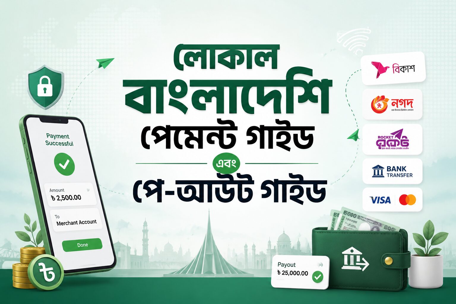 বাংলাদেশি পেমেন্ট গাইড সম্পর্কিত হিরো ইমেজ যেখানে অনলাইন পেমেন্ট, মোবাইল ব্যাংকিং ও ডিজিটাল পে-আউট সিস্টেম দেখানো হয়েছে