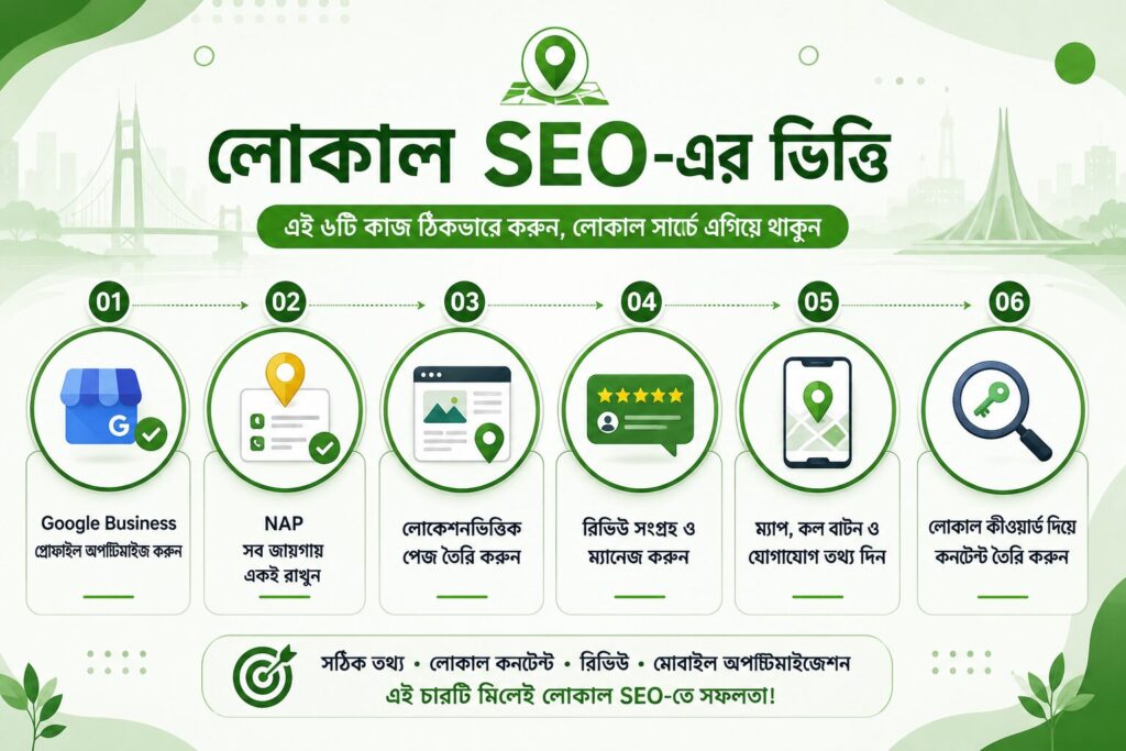 বাংলাদেশে লোকাল SEO-এর গুরুত্বপূর্ণ ভিত্তি যেমন Google Business Profile, NAP consistency, reviews এবং location page optimization দেখানো infographic