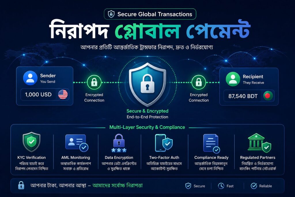 secure global transaction infographic যেখানে encrypted payment, KYC verification, AML compliance ও international payout security দেখানো হয়েছে