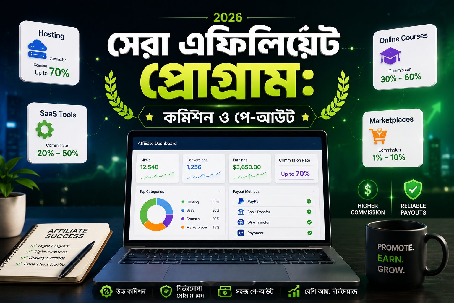 সেরা এফিলিয়েট প্রোগ্রাম ও কমিশন পে-আউট তুলনা সম্পর্কিত আধুনিক ভিজ্যুয়াল গাইড