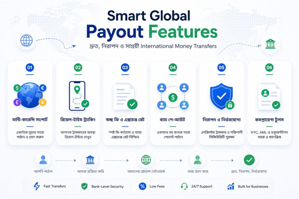 cross-border payout system-এর গুরুত্বপূর্ণ feature যেমন multi-currency support, batch payout, real-time tracking ও secure transaction দেখানো infographic
