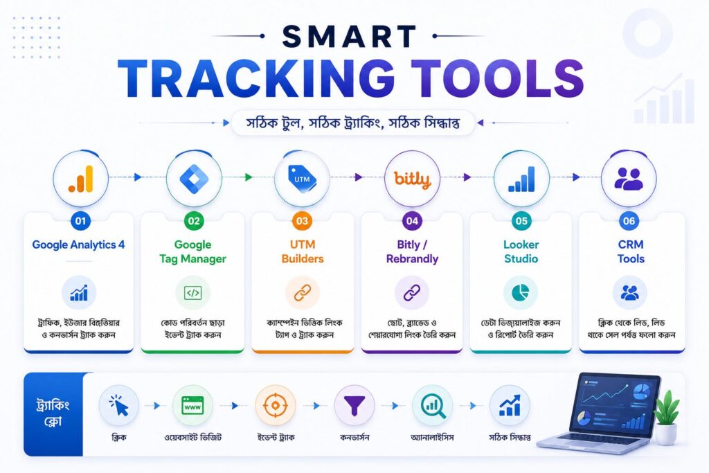 Google Analytics 4, Google Tag Manager, UTM builders, Bitly এবং CRM tools দেখানো clean link tracking infographic