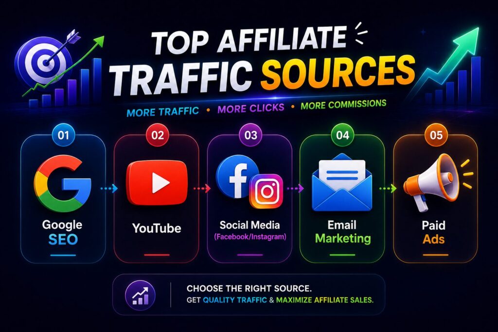 এফিলিয়েট ট্রাফিক বাড়ানো জন্য Google SEO, YouTube, social media, email marketing এবং paid ads traffic source infographic