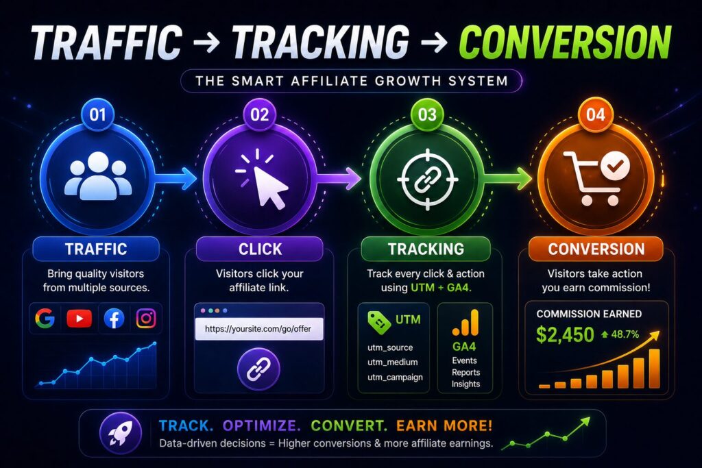 এফিলিয়েট ট্রাফিক বাড়ানো জন্য traffic, tracking এবং conversion funnel infographic যেখানে affiliate growth process দেখানো হয়েছে