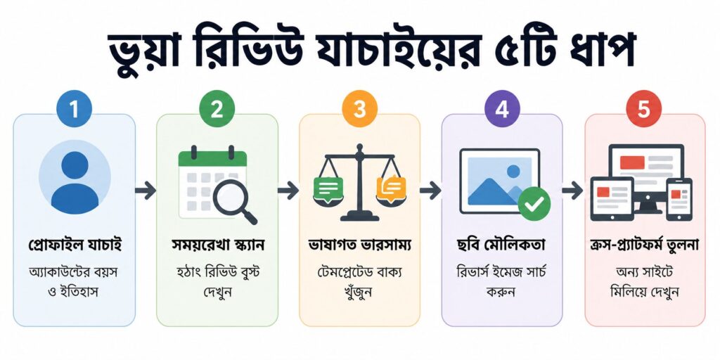 ভুয়া রিভিউ চিনার উপায় — প্রোফাইল যাচাই, সময়রেখা স্ক্যান, ভাষাগত ভারসাম্য, ছবির মৌলিকতা ও ক্রস-প্ল্যাটফর্ম তুলনার ৫টি ধাপ