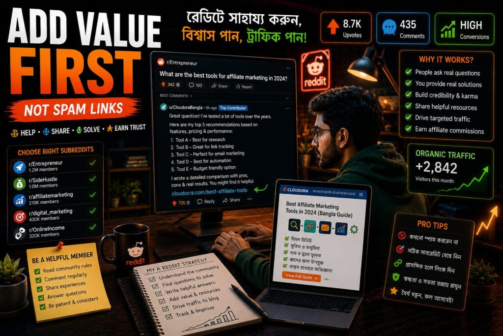 helpful Reddit contributor strategy, organic subreddit engagement, trust-based affiliate traffic এবং value-first Reddit marketing দেখানো cinematic creator workspace