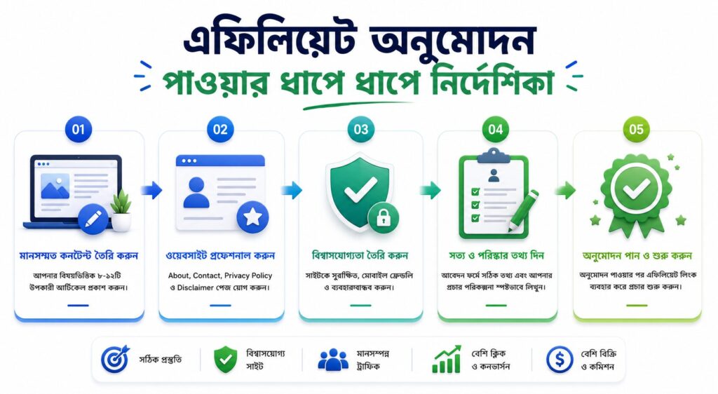 এফিলিয়েট অনুমোদন পাওয়ার উপায় বিষয়টি বোঝাতে মানসম্মত কনটেন্ট, পেশাদার ওয়েবসাইট, বিশ্বাসযোগ্যতা, আবেদন এবং অনুমোদনের ধাপ দেখানো একটি আধুনিক ইনফোগ্রাফিক।